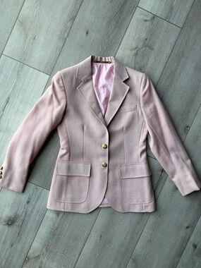 Boutique Blush Pink Equestrian Derby Blazer Gold Crest Buttons Tailored Jacket